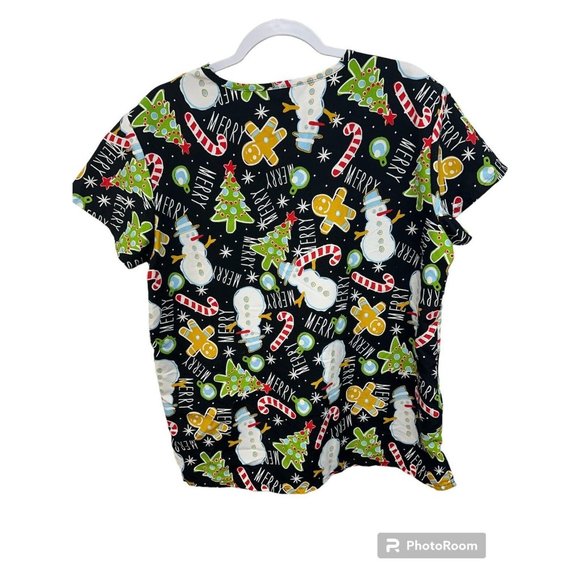 Serene Uniforms Scrub Top Large Multicolor Christmas‎ Snowman Gingerbread Winter - Picture 2 of 4